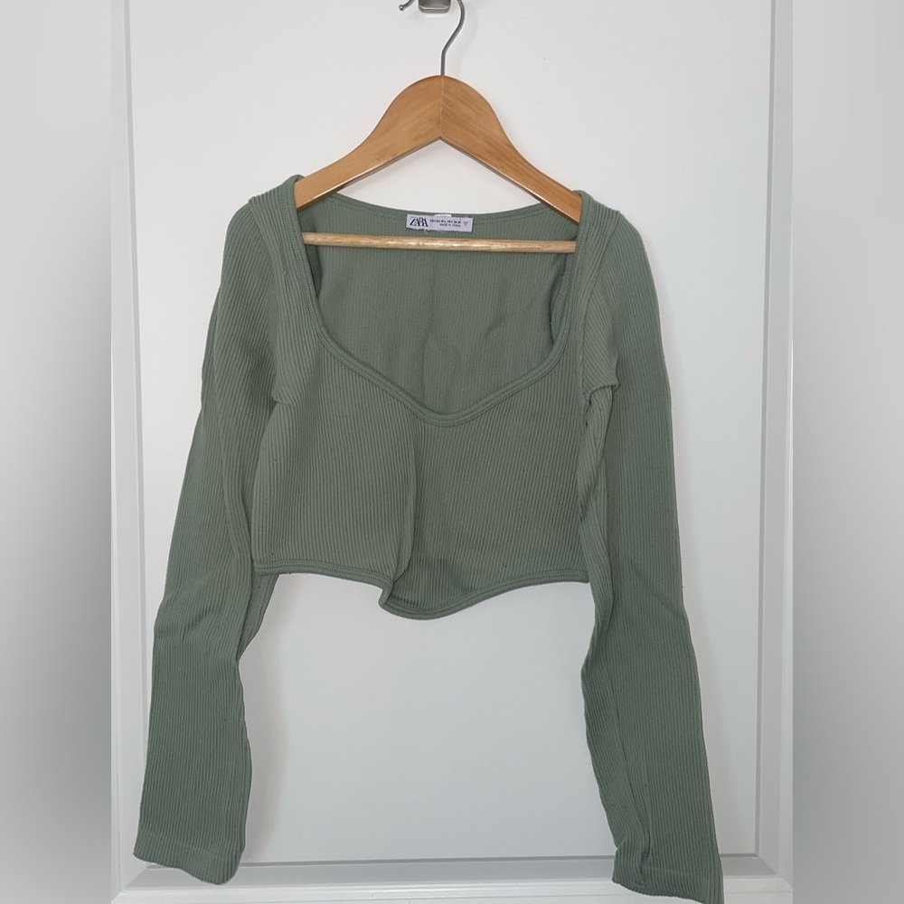Zara Sage Ribbed Cropped Blouse